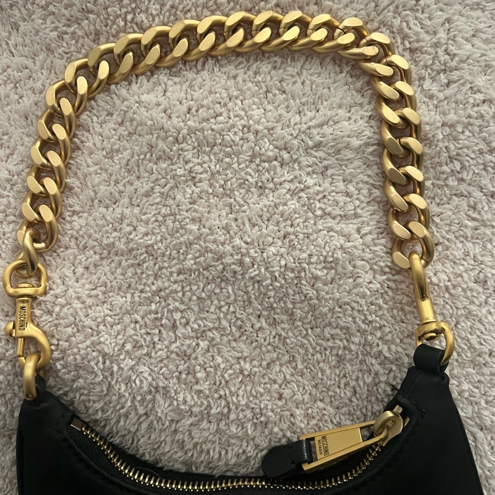 Moschino Black Logo Lettering Hobo Shoulder Bag with Gold Chain - Picture 6 of 7